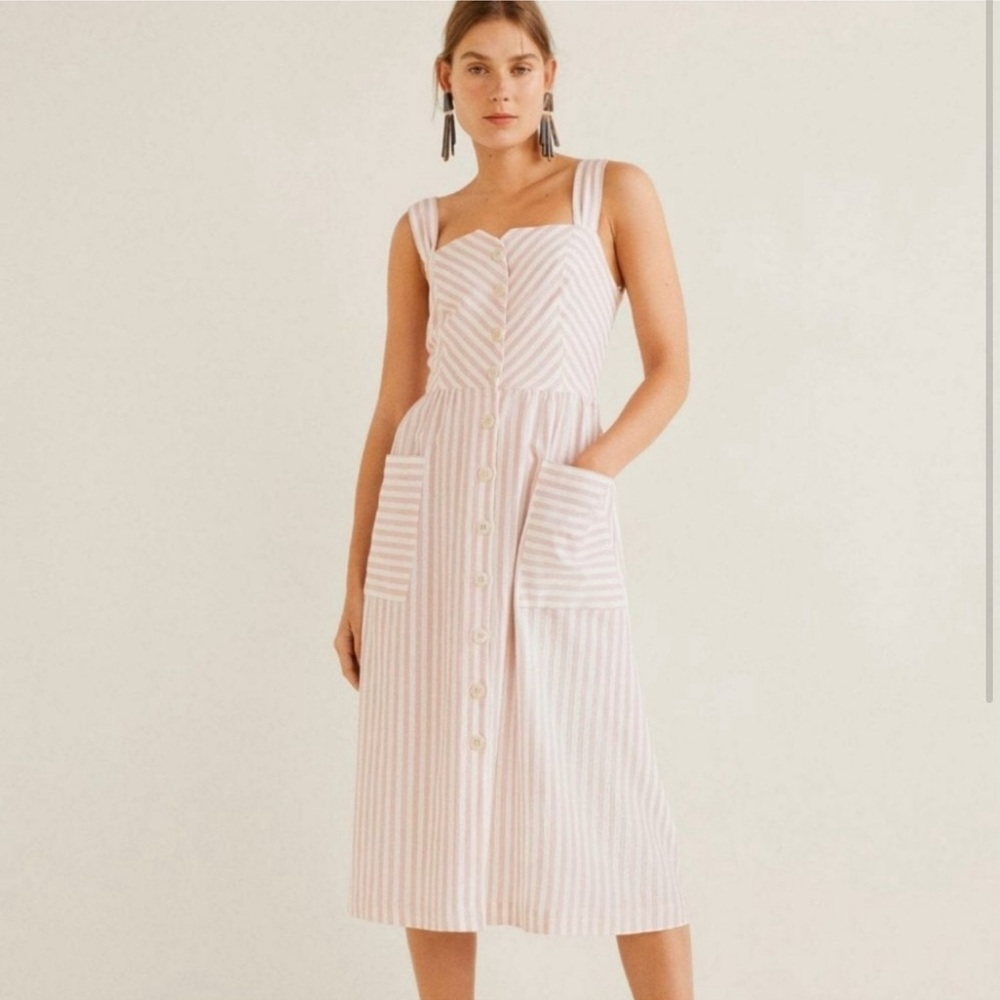 Mango Casual Pink and White Stripe Linen Midi Dress Size 2